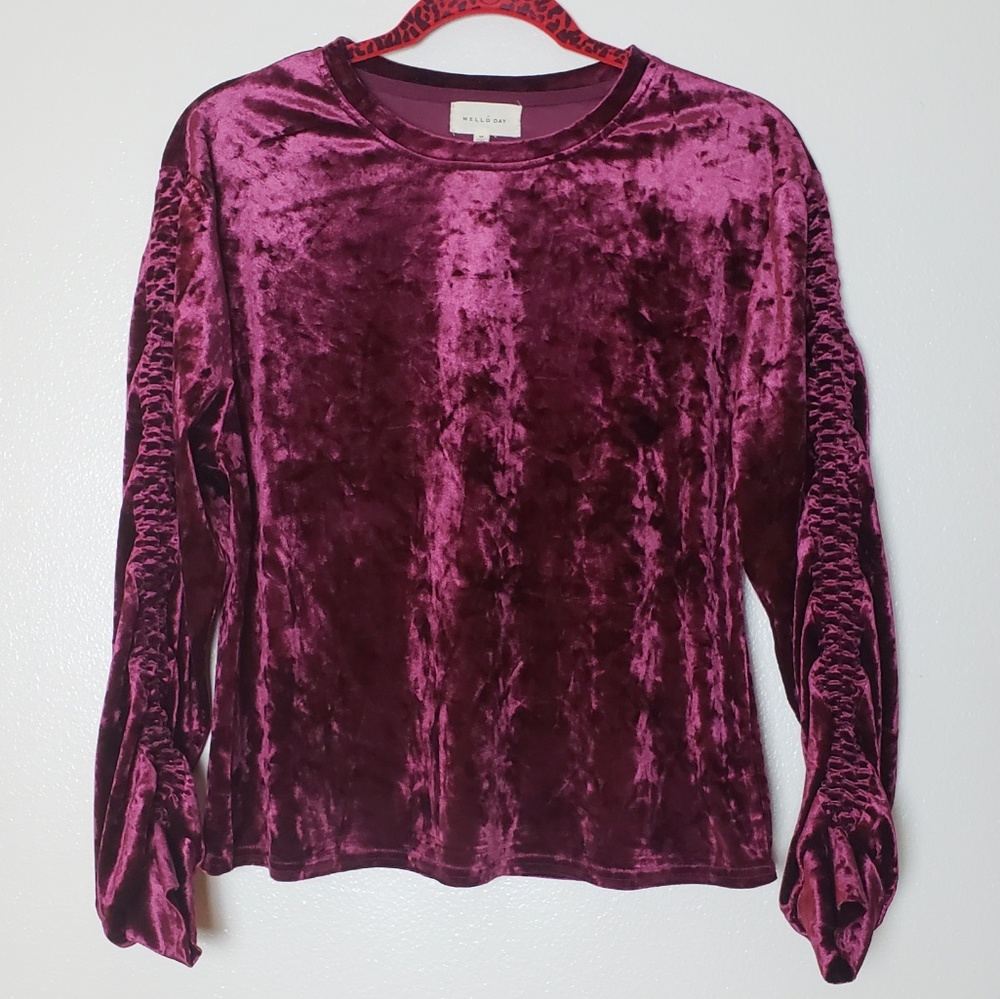 Melló Day Cranberry Velvet Long Sleeve Ruched Fashion Medium  Top
